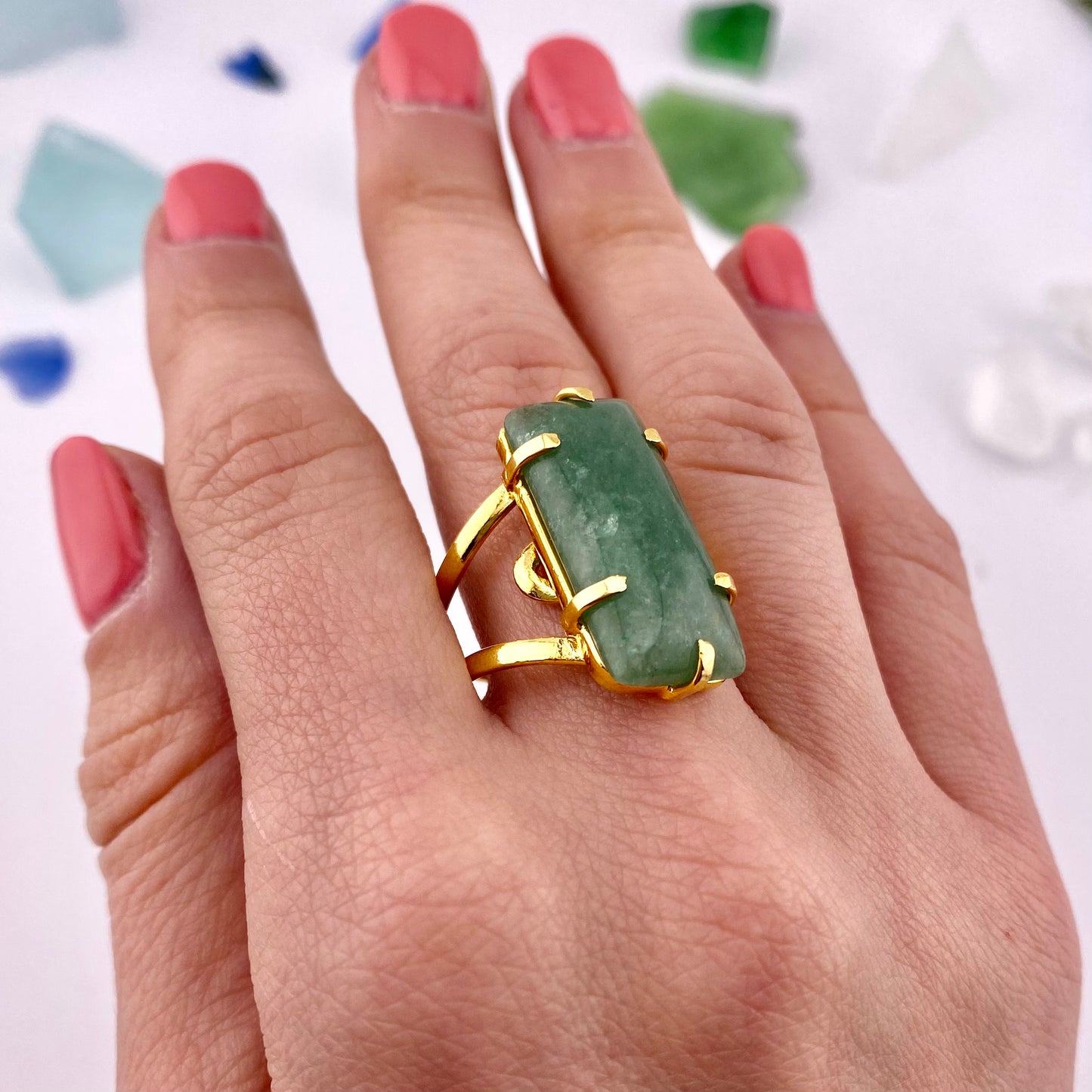 Green Quartz Rectangle Ring