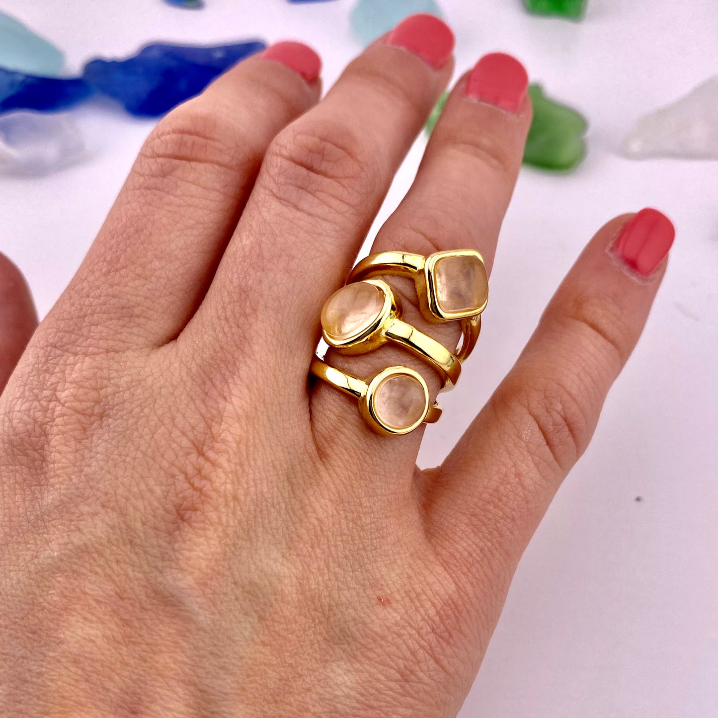 Rose Quartz 3 Stone Ring