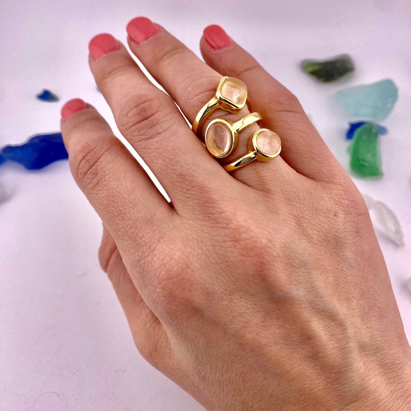 Rose Quartz 3 Stone Ring