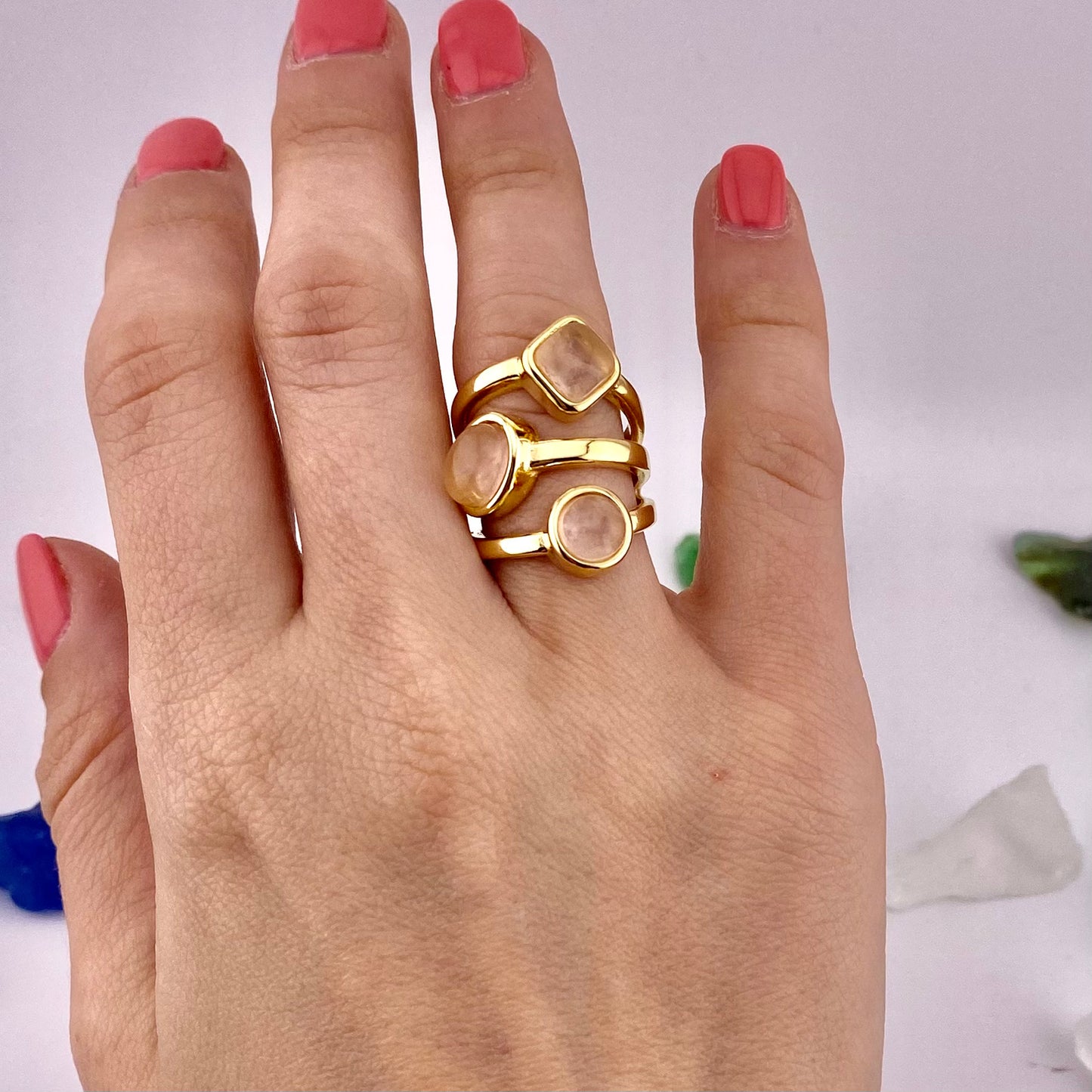 Rose Quartz 3 Stone Ring