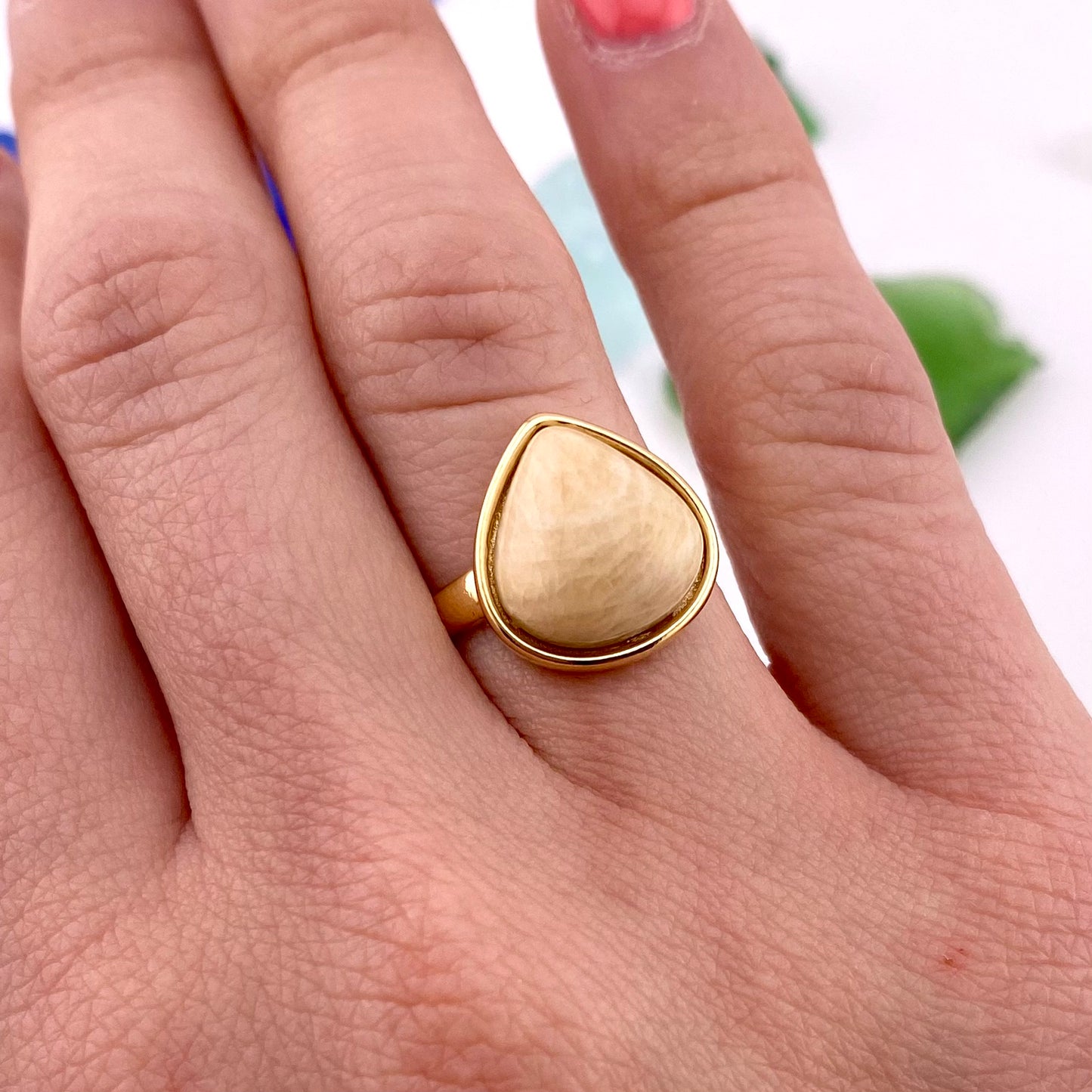 Beige Amazonite Teardrop Ring