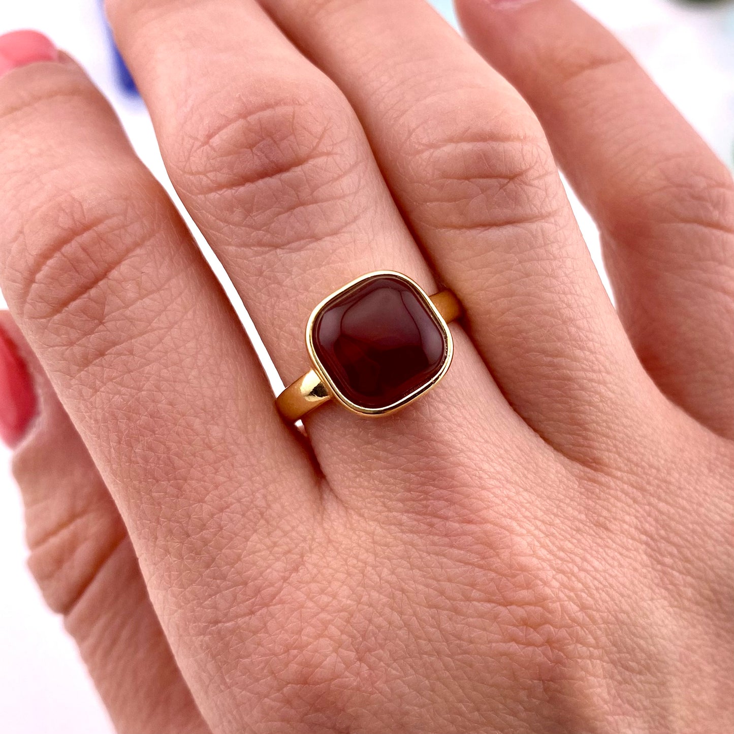 Red Agate Square Ring