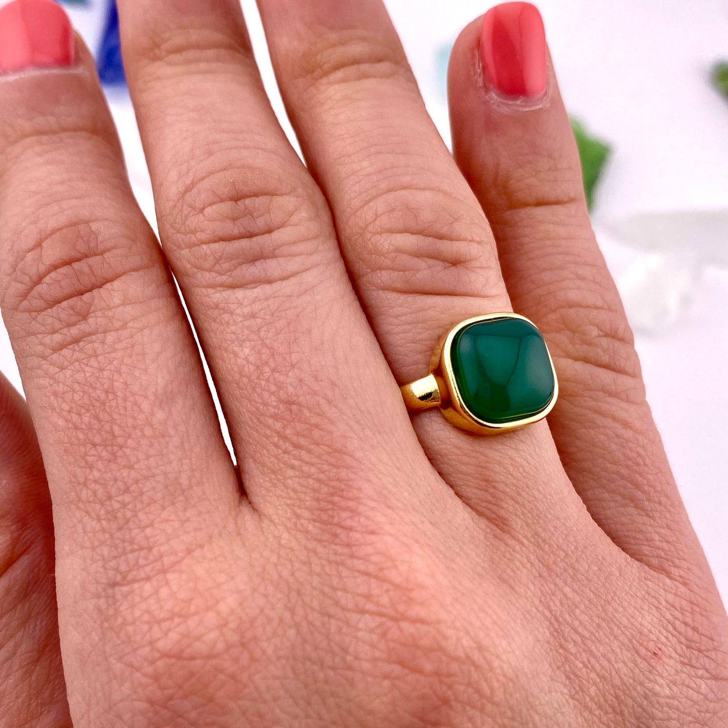 Green Agate Square Ring