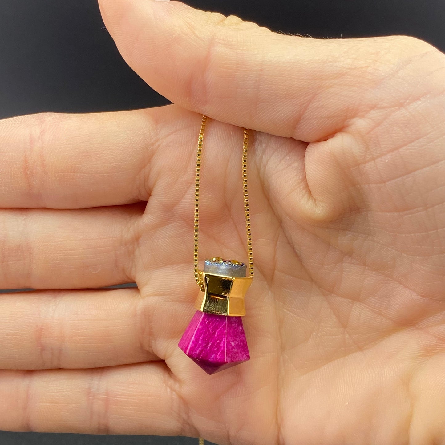 Pink Feldspar and Multicolor Druse Prisma Necklace