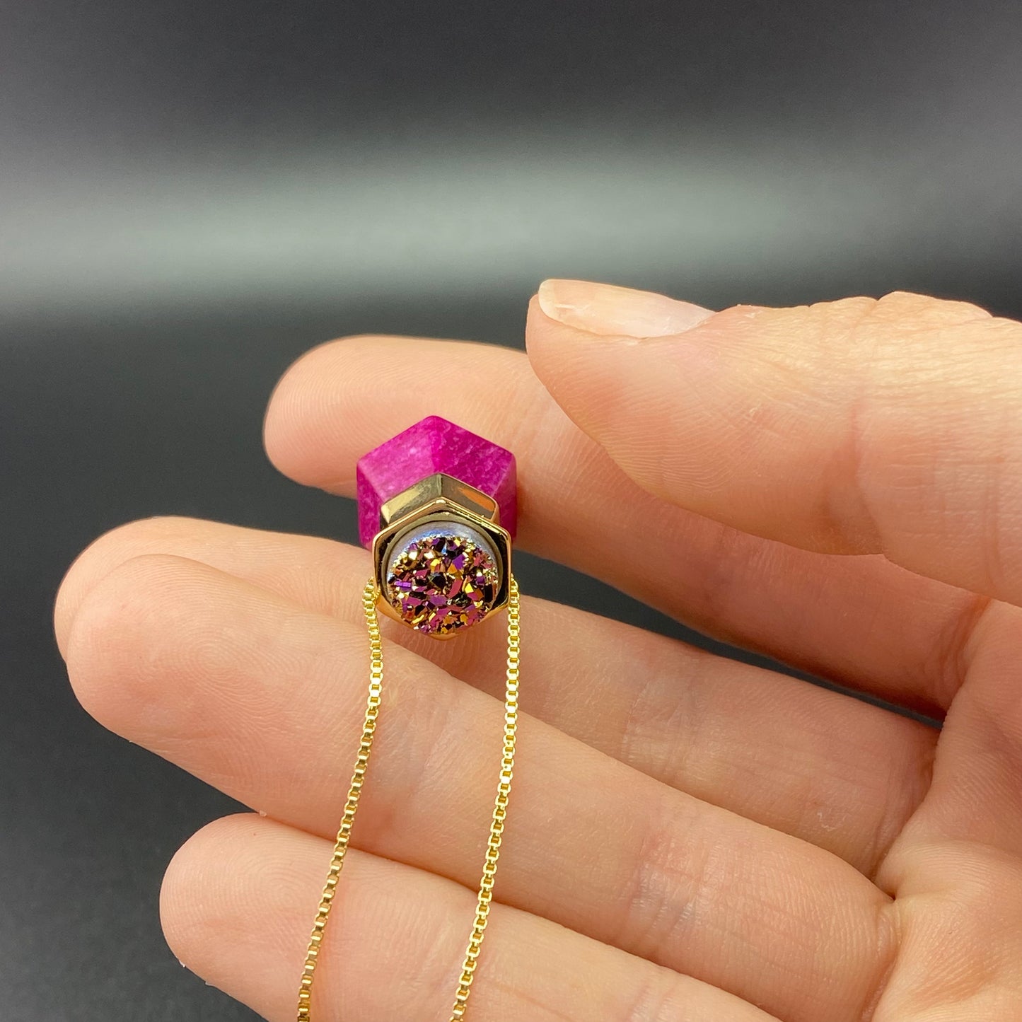 Pink Feldspar and Multicolor Druse Prisma Necklace