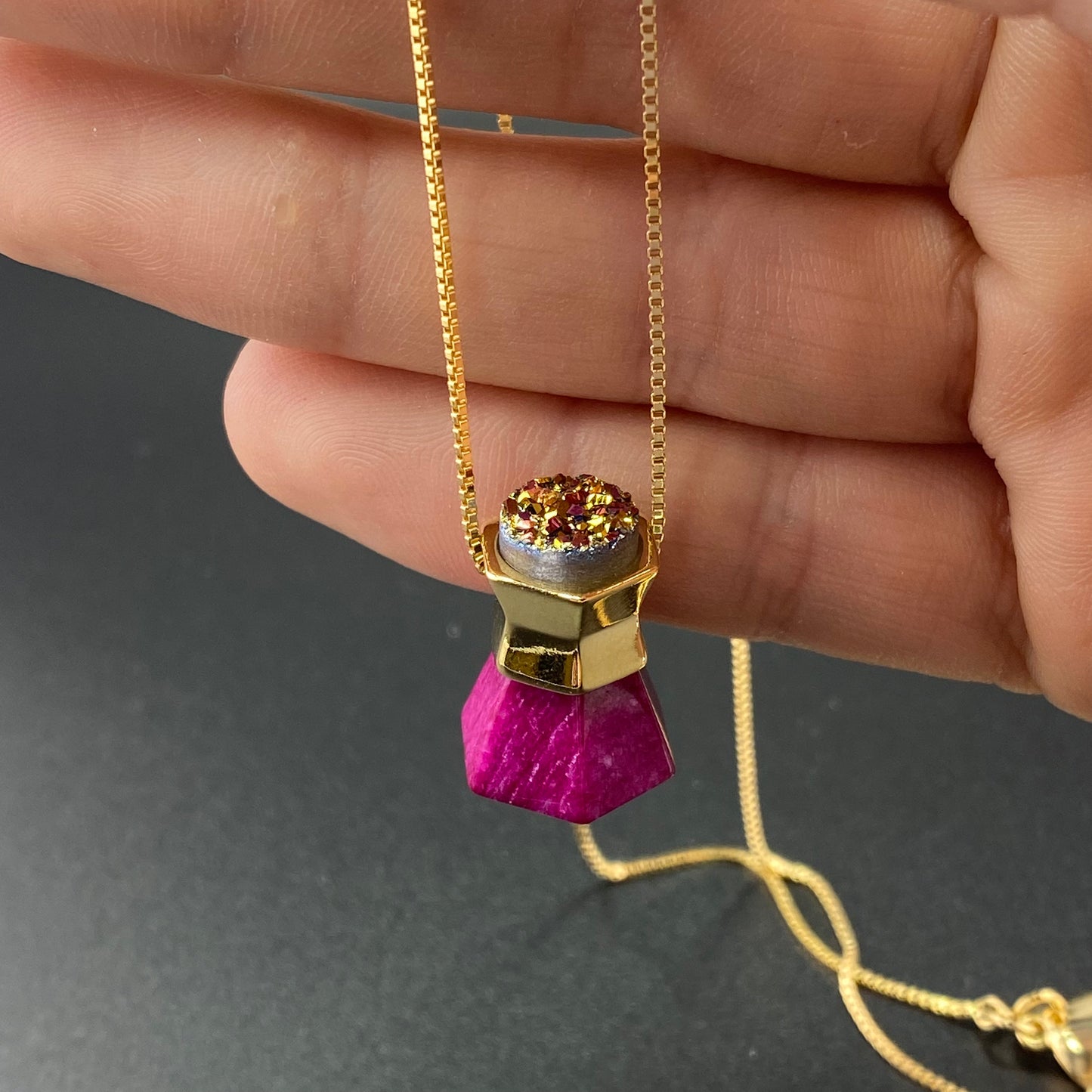Pink Feldspar and Multicolor Druse Prisma Necklace