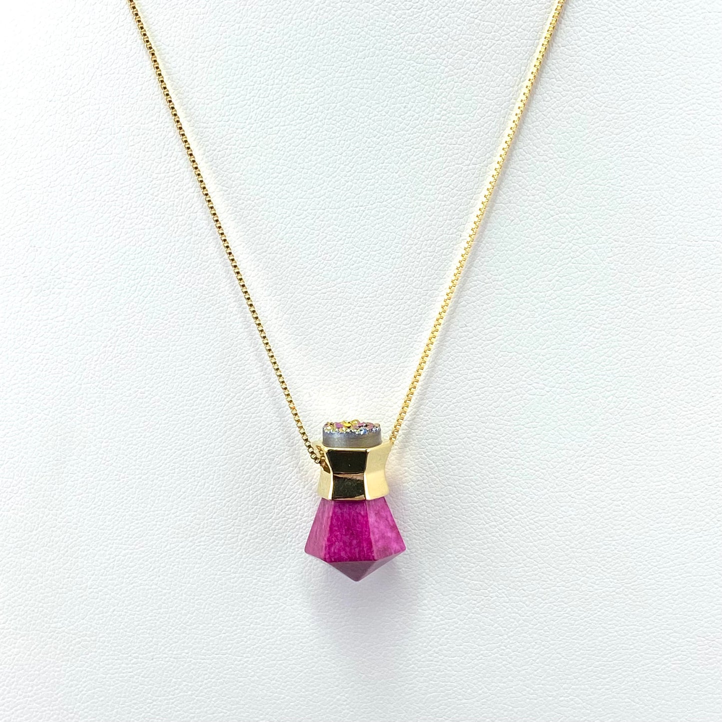 Pink Feldspar and Multicolor Druse Prisma Necklace
