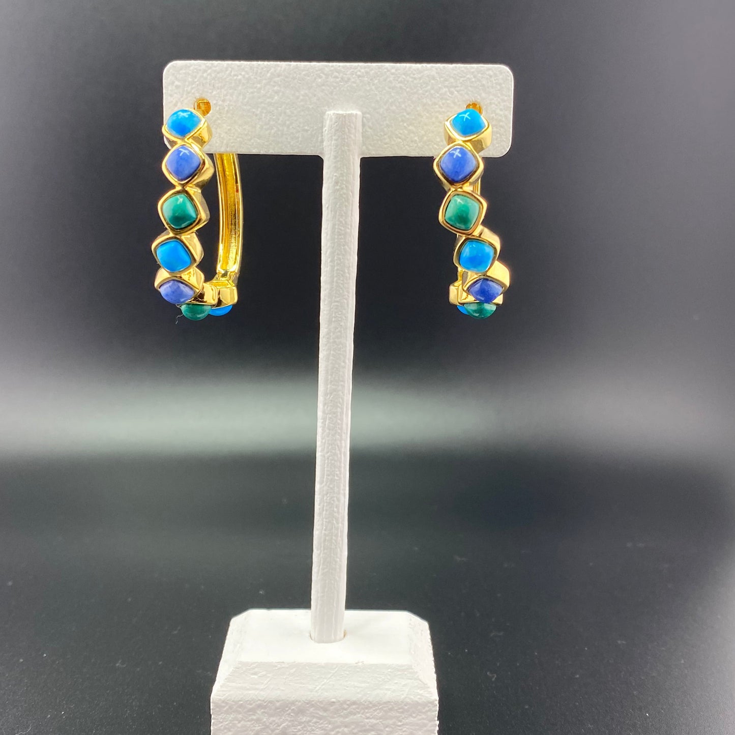 Green and Turquoise Howlite, Blue Quartz Hoop Earrings