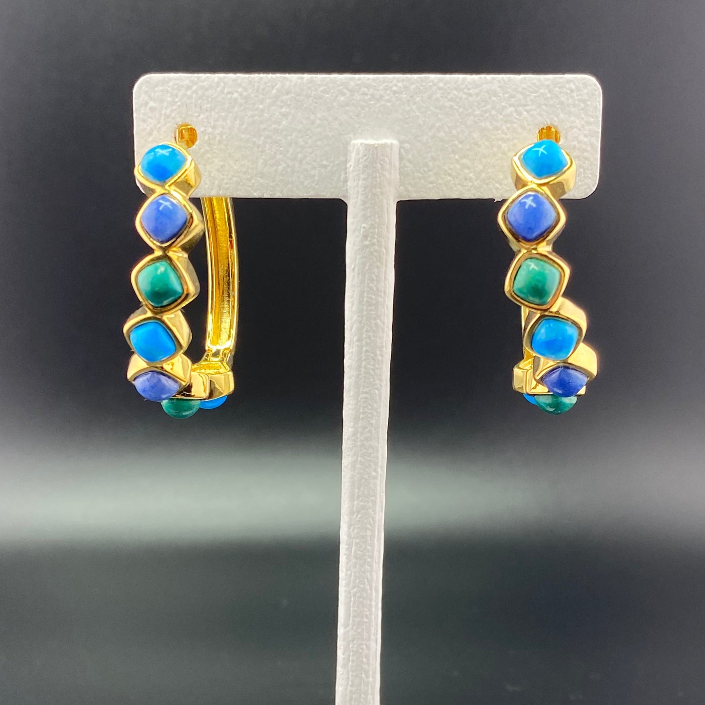 Green and Turquoise Howlite, Blue Quartz Hoop Earrings