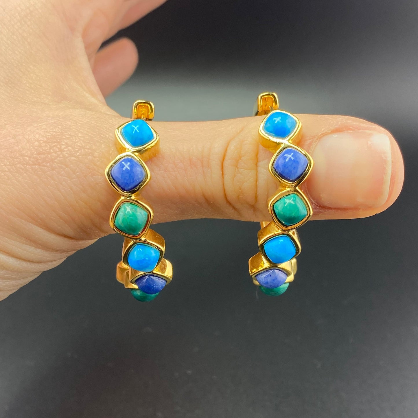 Green and Turquoise Howlite, Blue Quartz Hoop Earrings