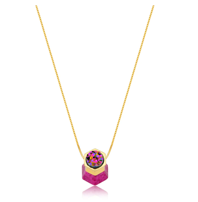 Pink Feldspar and Multicolor Druse Prisma Necklace