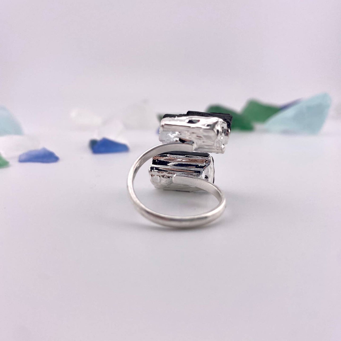Duo Black Tourmaline Silver Adjustable Ring