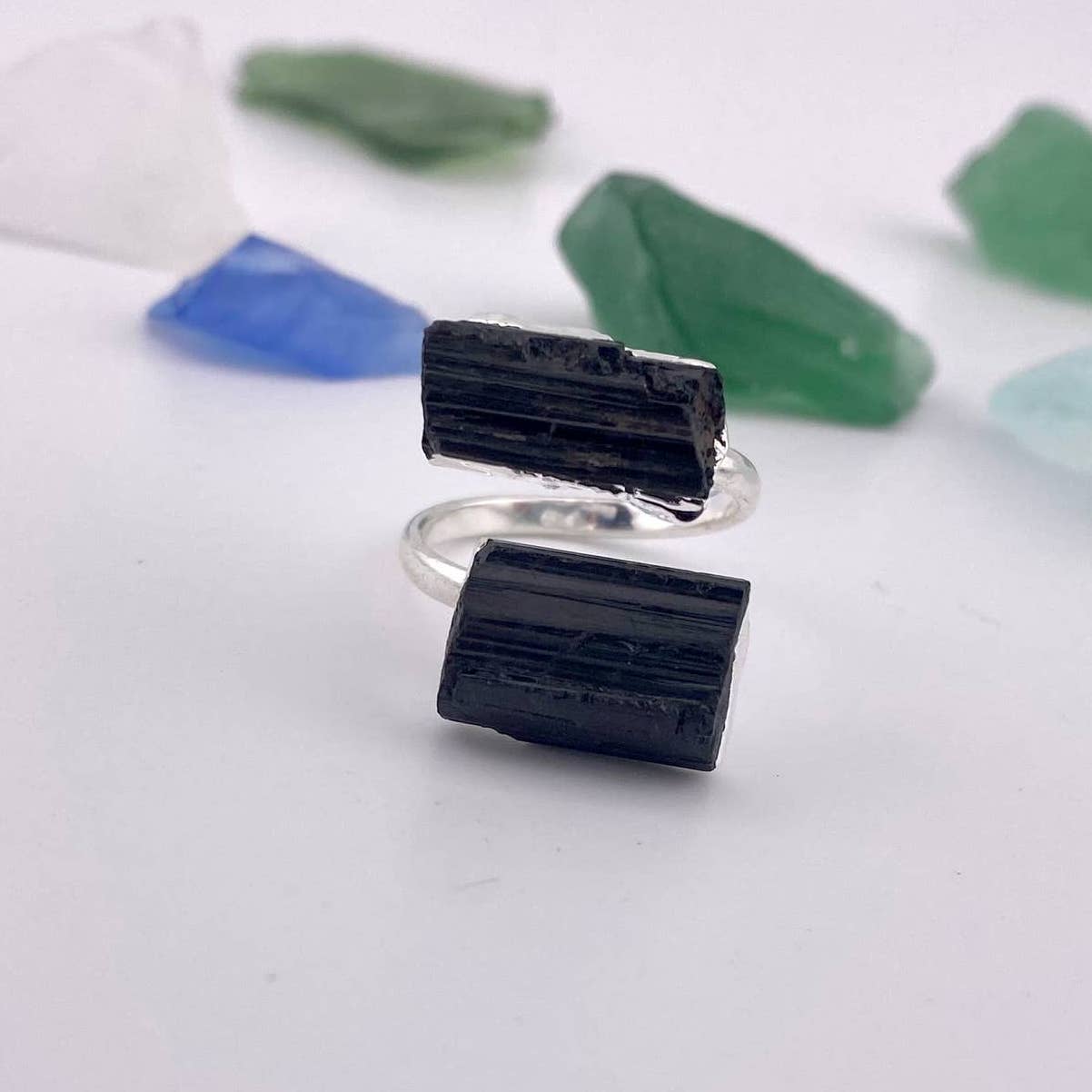 Duo Black Tourmaline Silver Adjustable Ring