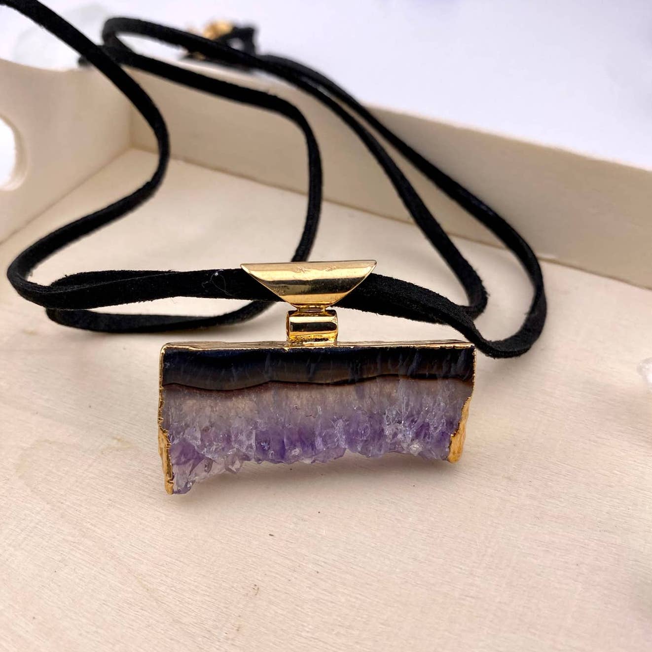Amethyst Druse Pendant and Raw Leather Chain Necklace