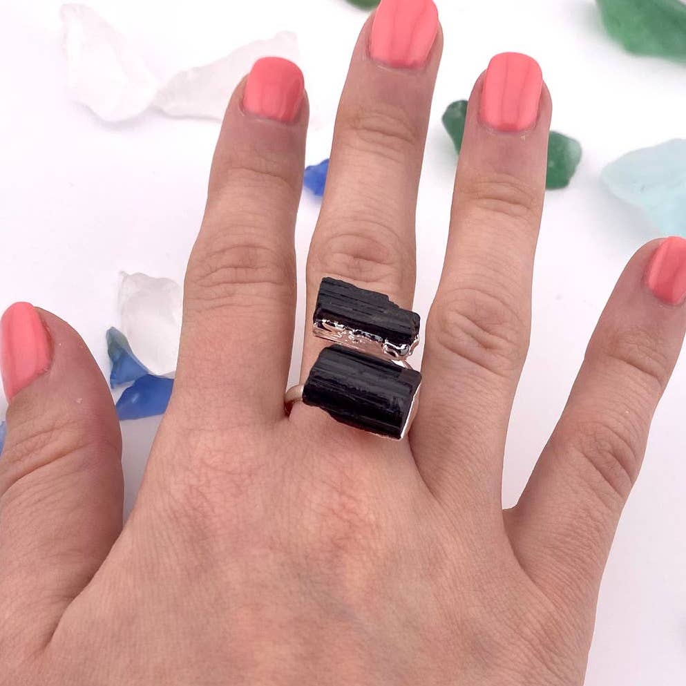 Duo Black Tourmaline Silver Adjustable Ring