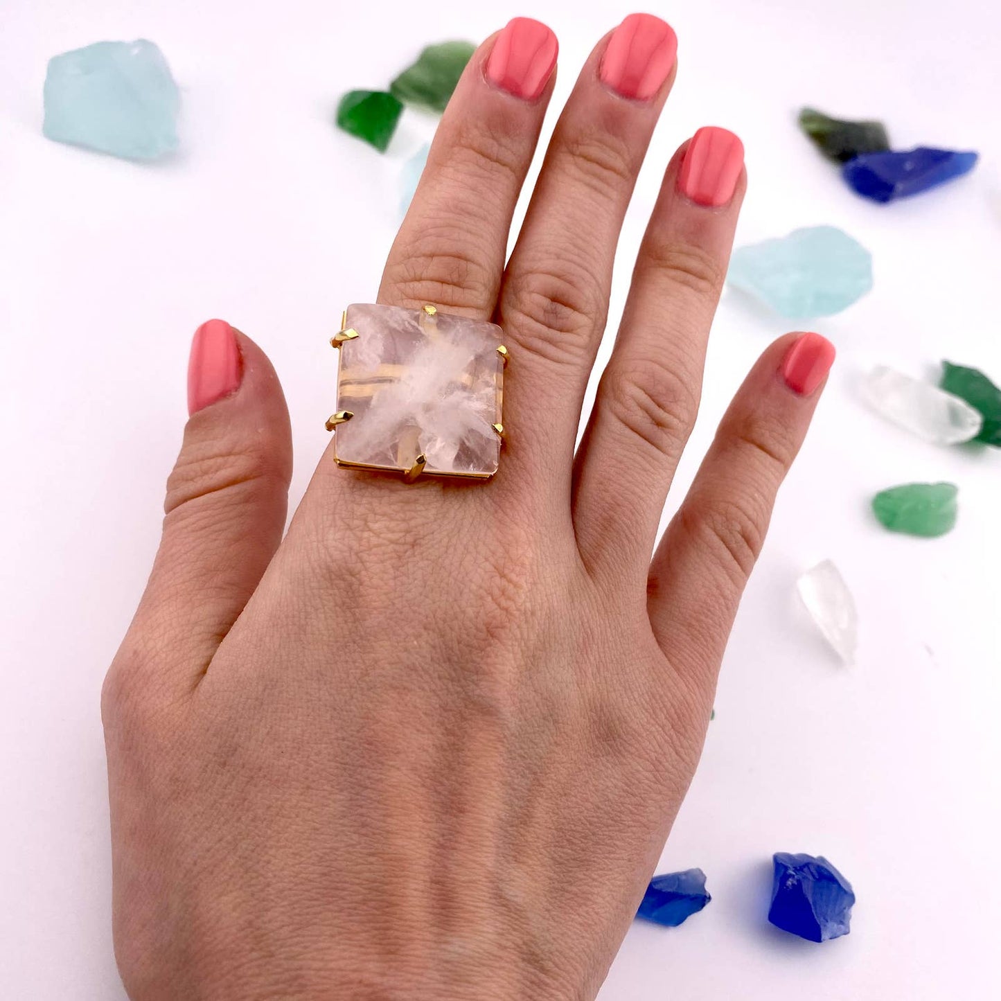 Clear Crystal Quartz Square Adjustable Ring