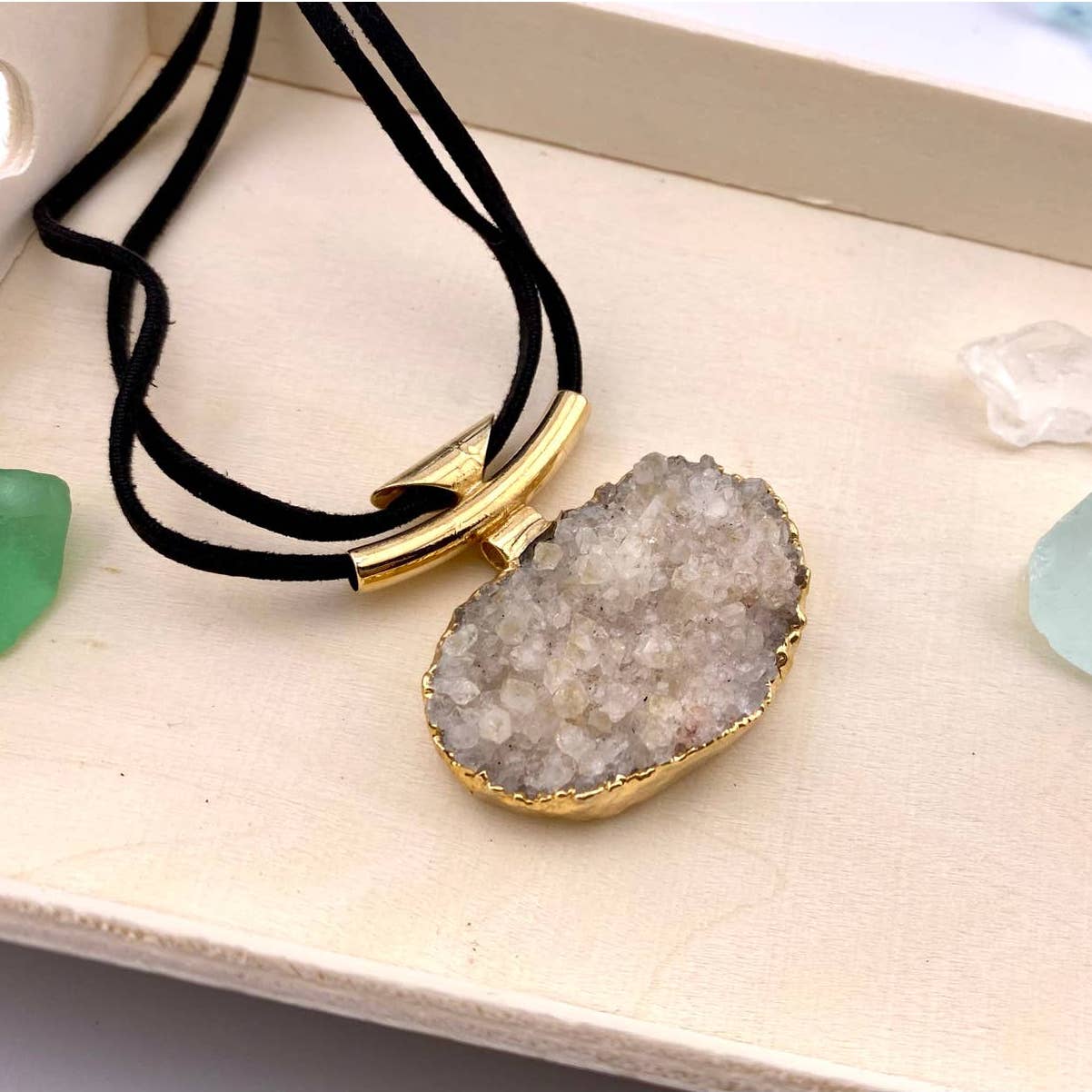 Crystal Druse Pendant + Raw Leather Chain