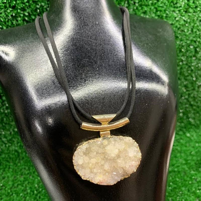 Crystal Druse Pendant + Raw Leather Chain