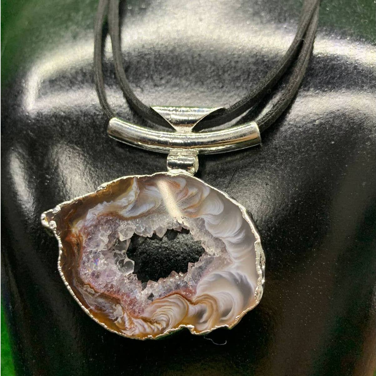 Natural Agate Geode Pendant with Raw Leather Chain