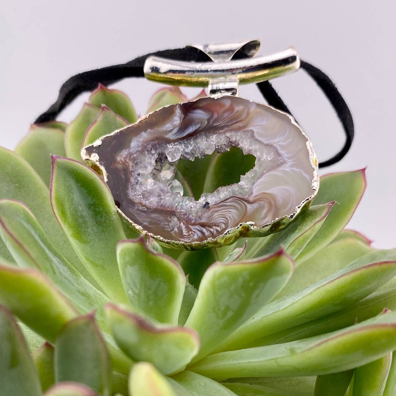 Natural Agate Geode Pendant with Raw Leather Chain
