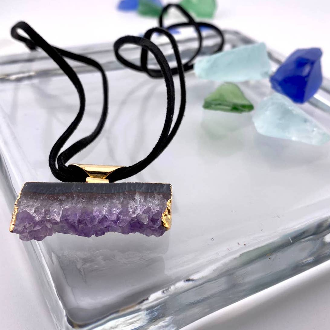 Amethyst Druse Pendant and Raw Leather Chain Necklace