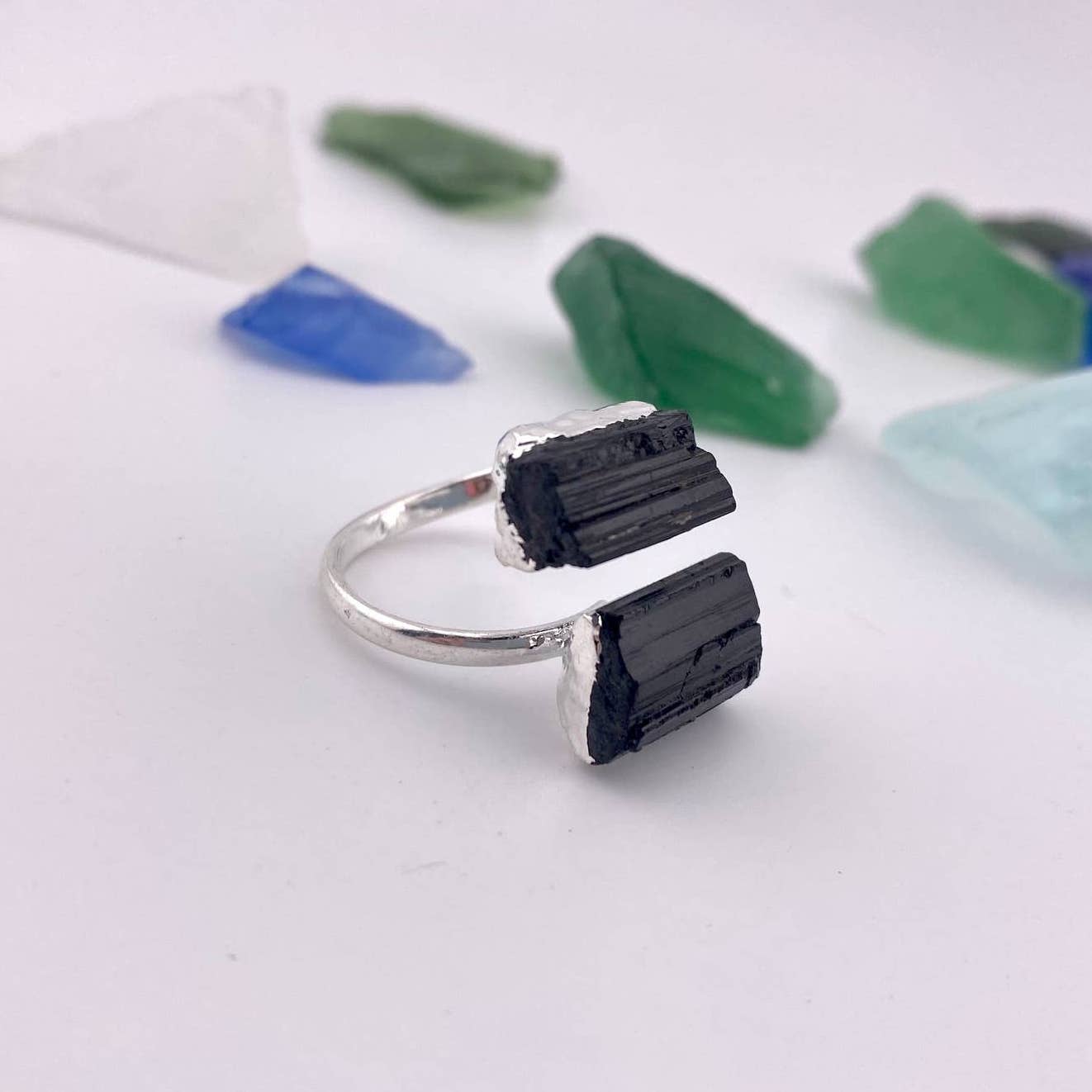 Duo Black Tourmaline Silver Adjustable Ring