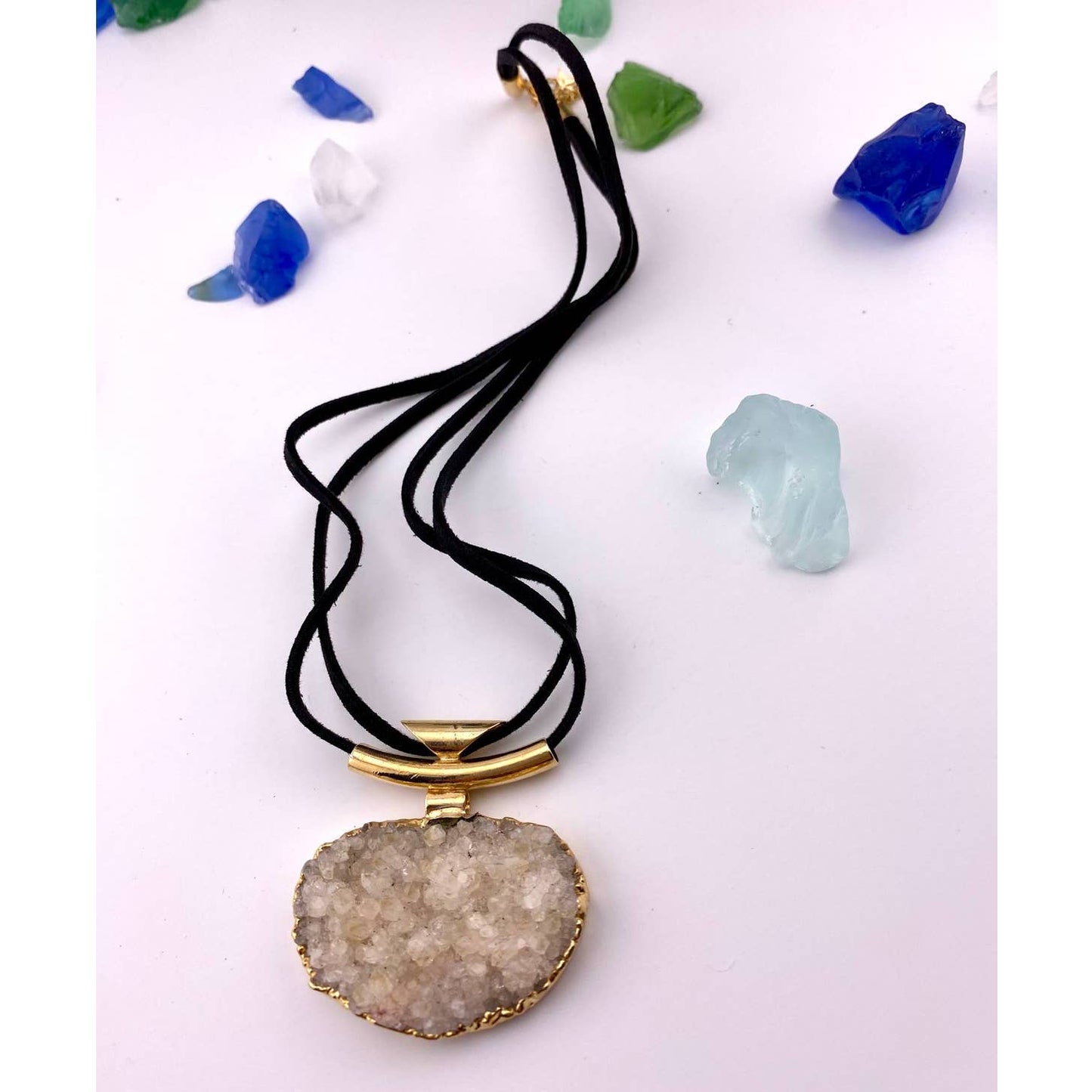 Crystal Druse Pendant + Raw Leather Chain