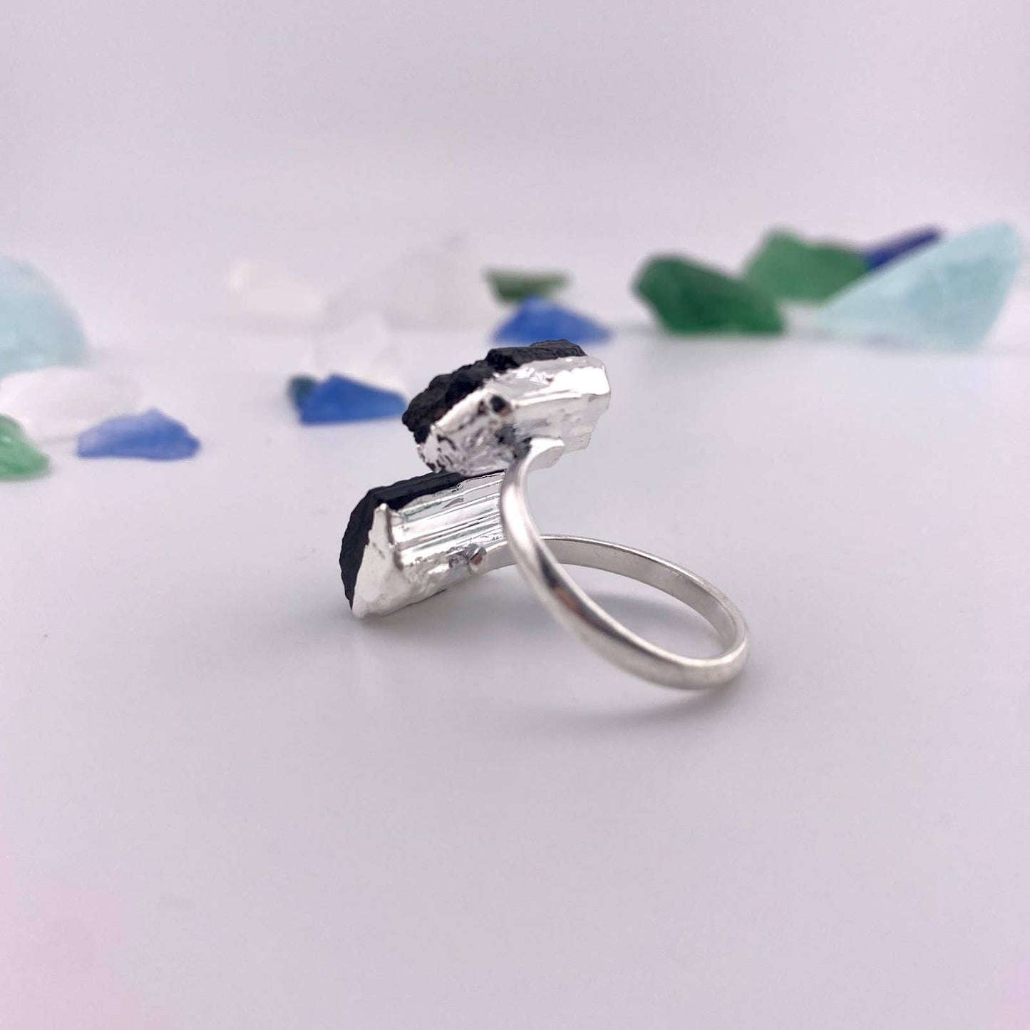 Duo Black Tourmaline Silver Adjustable Ring
