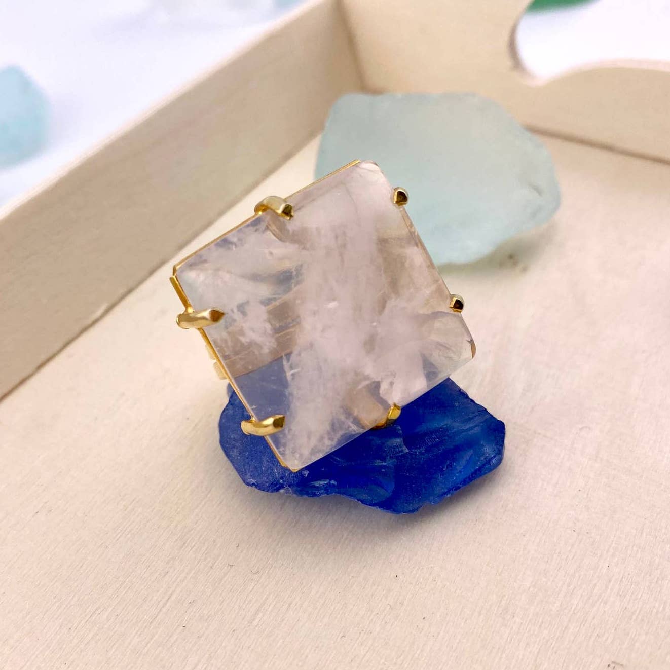 Clear Crystal Quartz Square Adjustable Ring