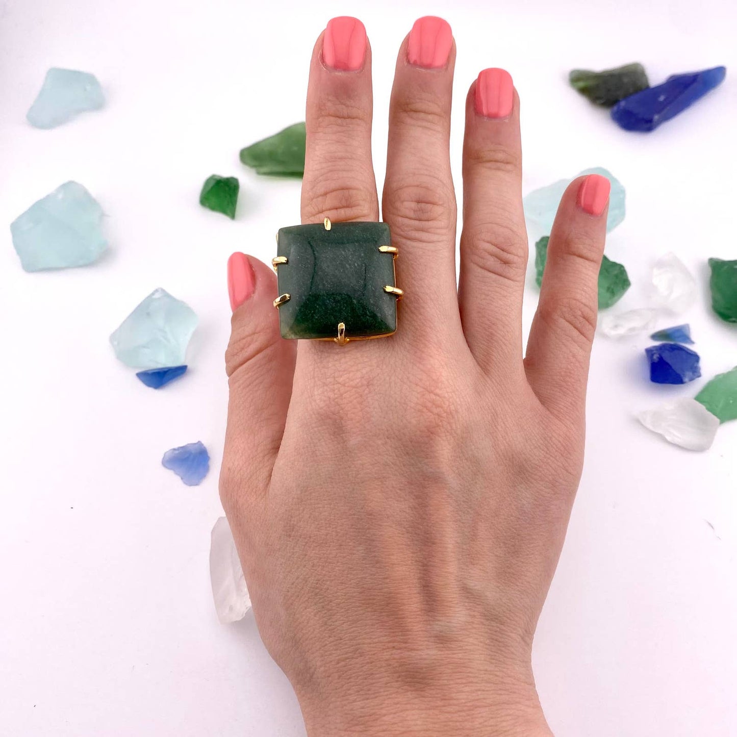 Green Quartz Square Adjustable Ring