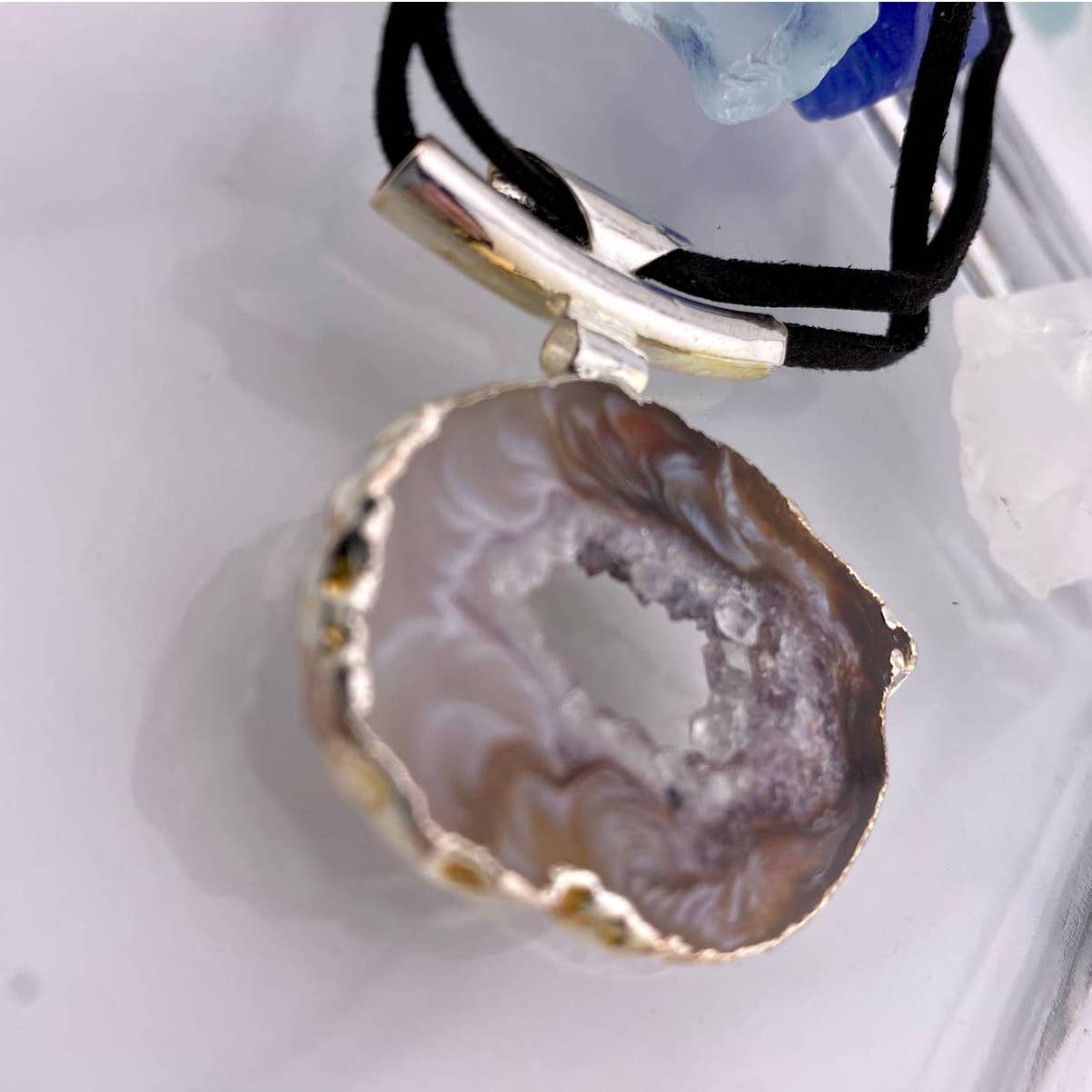 Natural Agate Geode Pendant with Raw Leather Chain