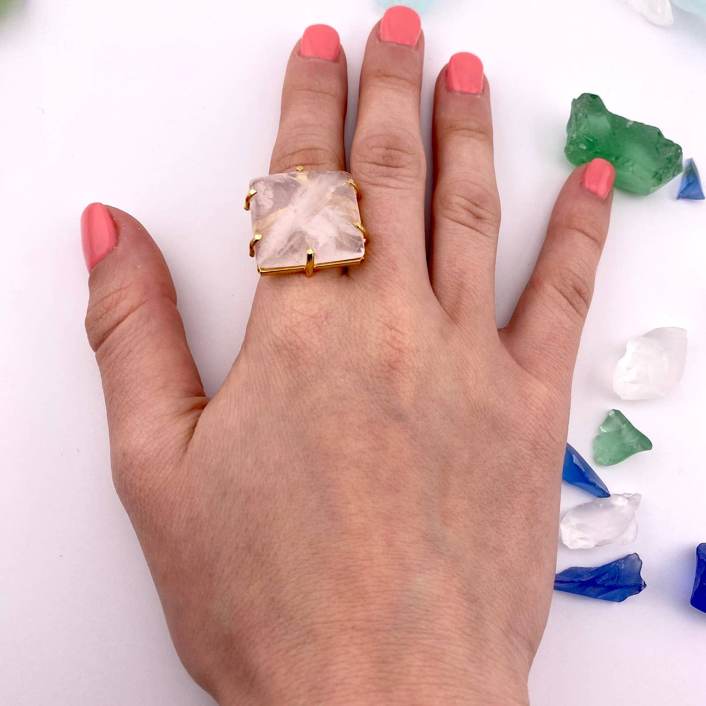 Clear Crystal Quartz Square Adjustable Ring