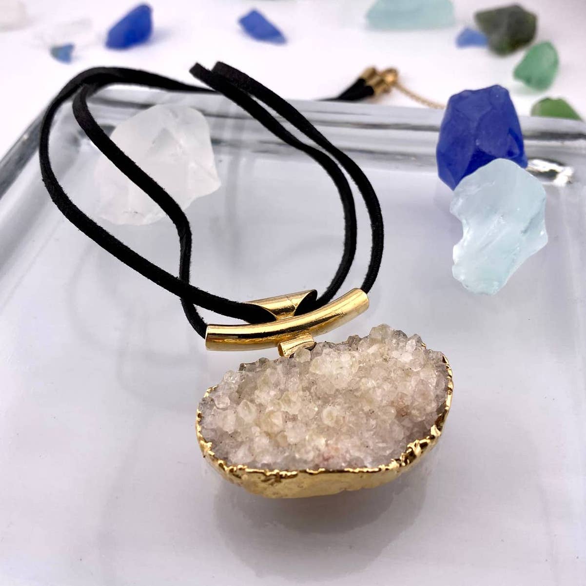 Crystal Druse Pendant + Raw Leather Chain