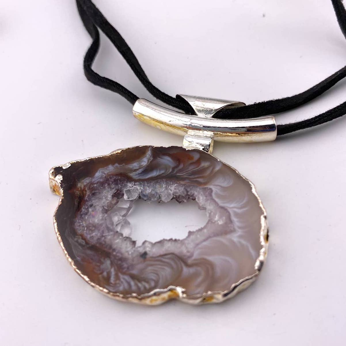 Natural Agate Geode Pendant with Raw Leather Chain