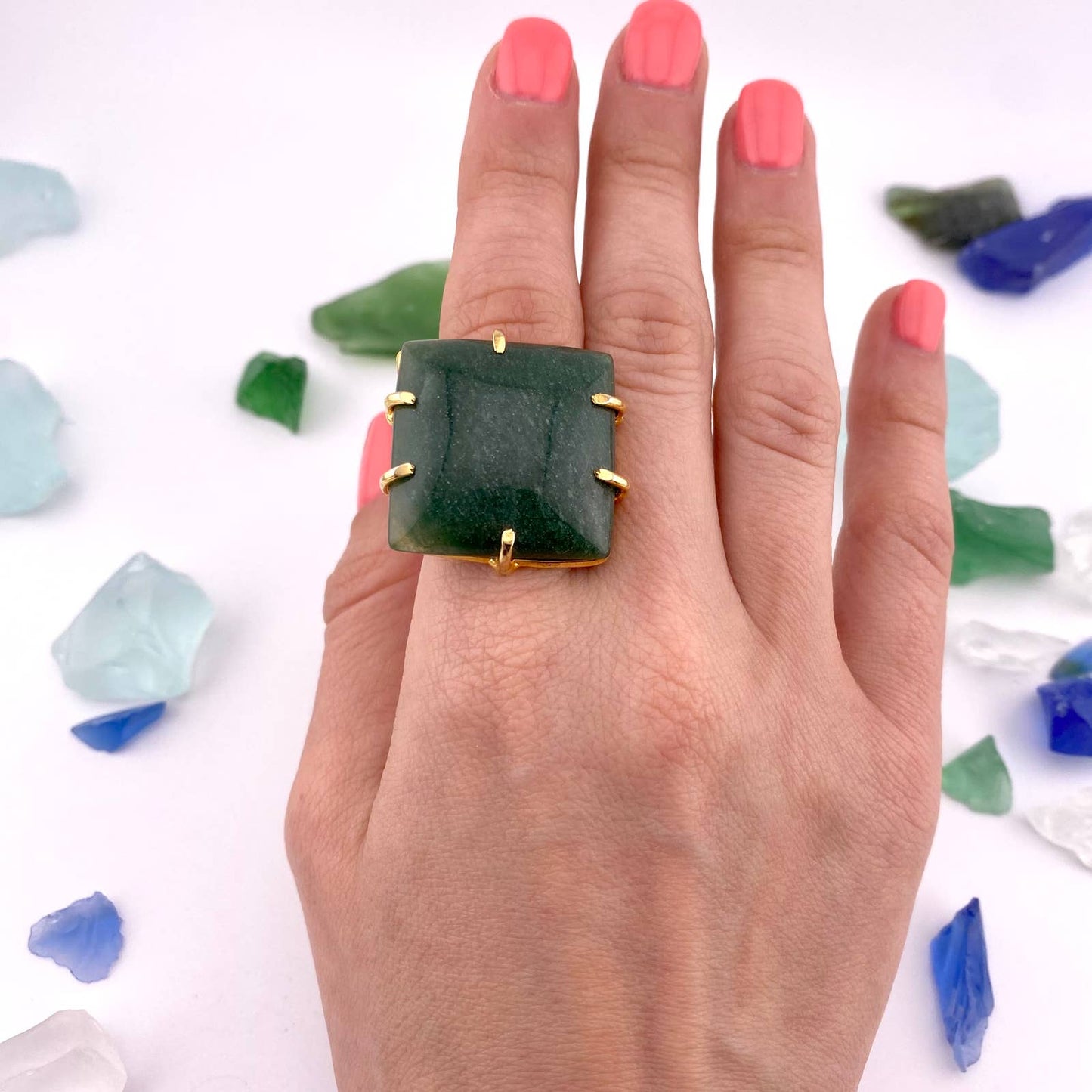 Green Quartz Square Adjustable Ring
