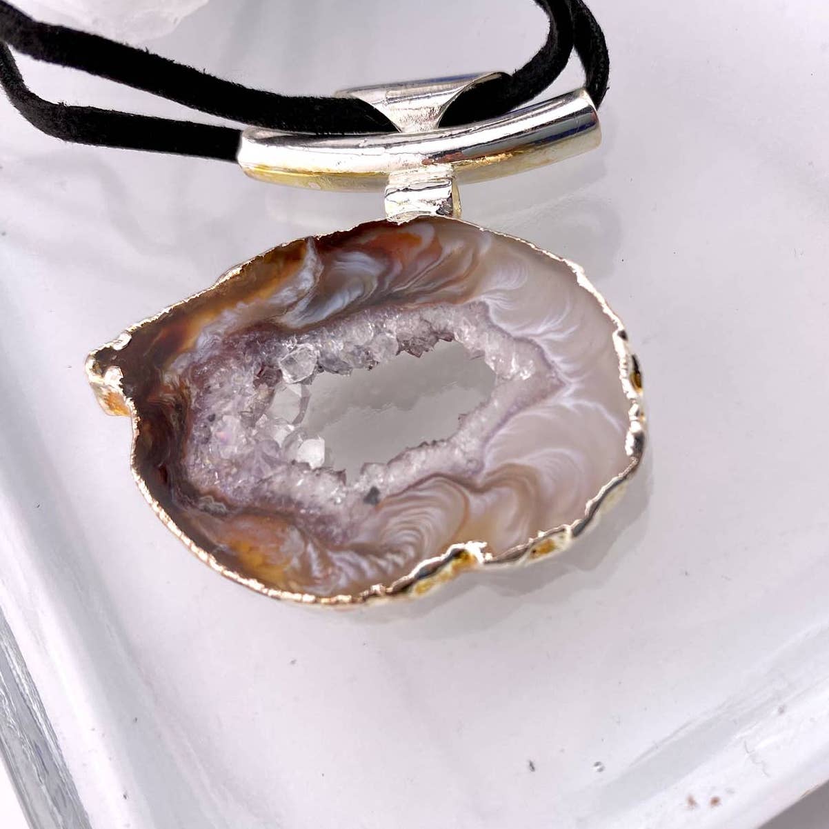 Natural Agate Geode Pendant with Raw Leather Chain