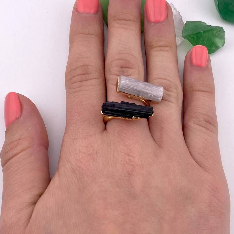 Duo Black Tourmaline and Selenite Adjustable Ring