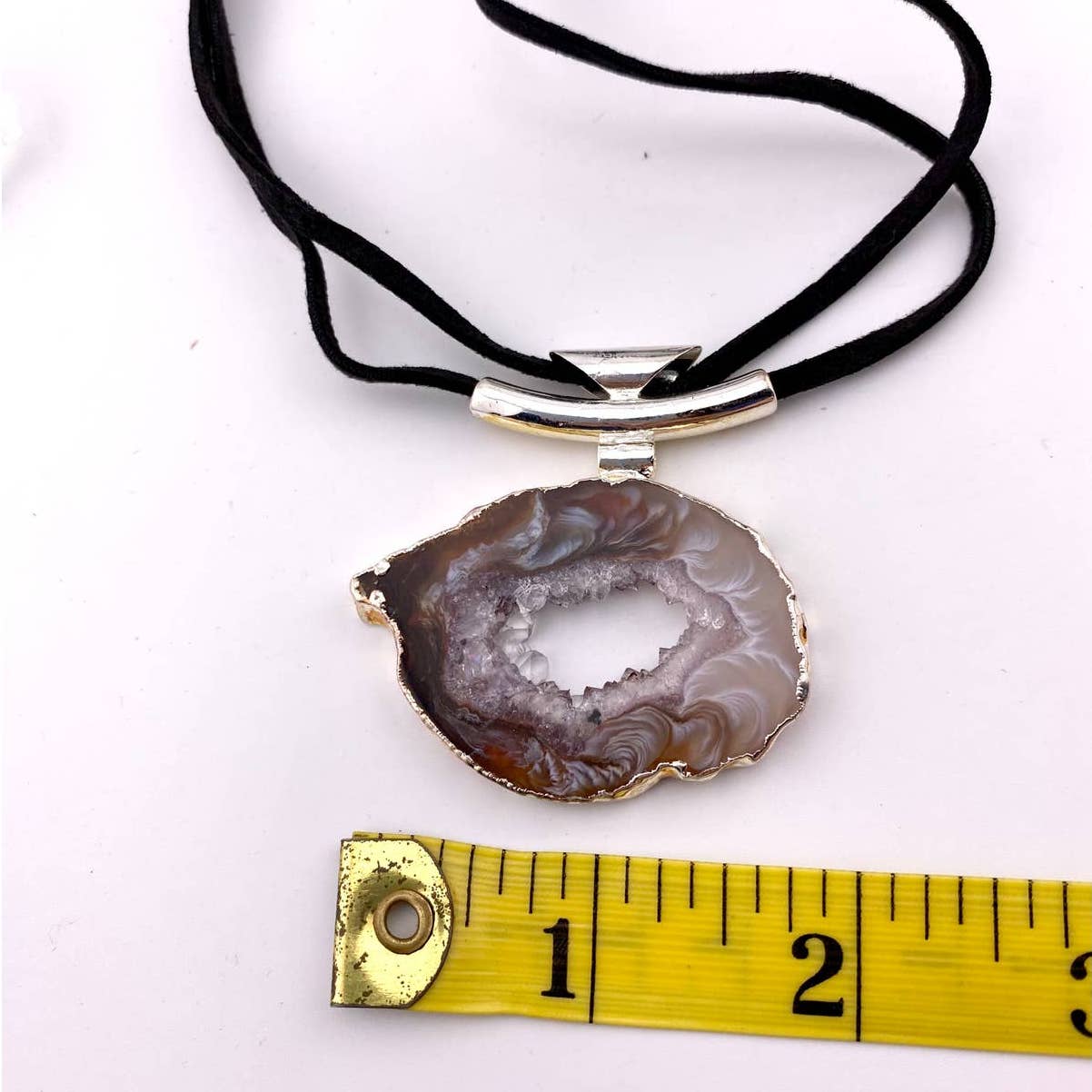Natural Agate Geode Pendant with Raw Leather Chain