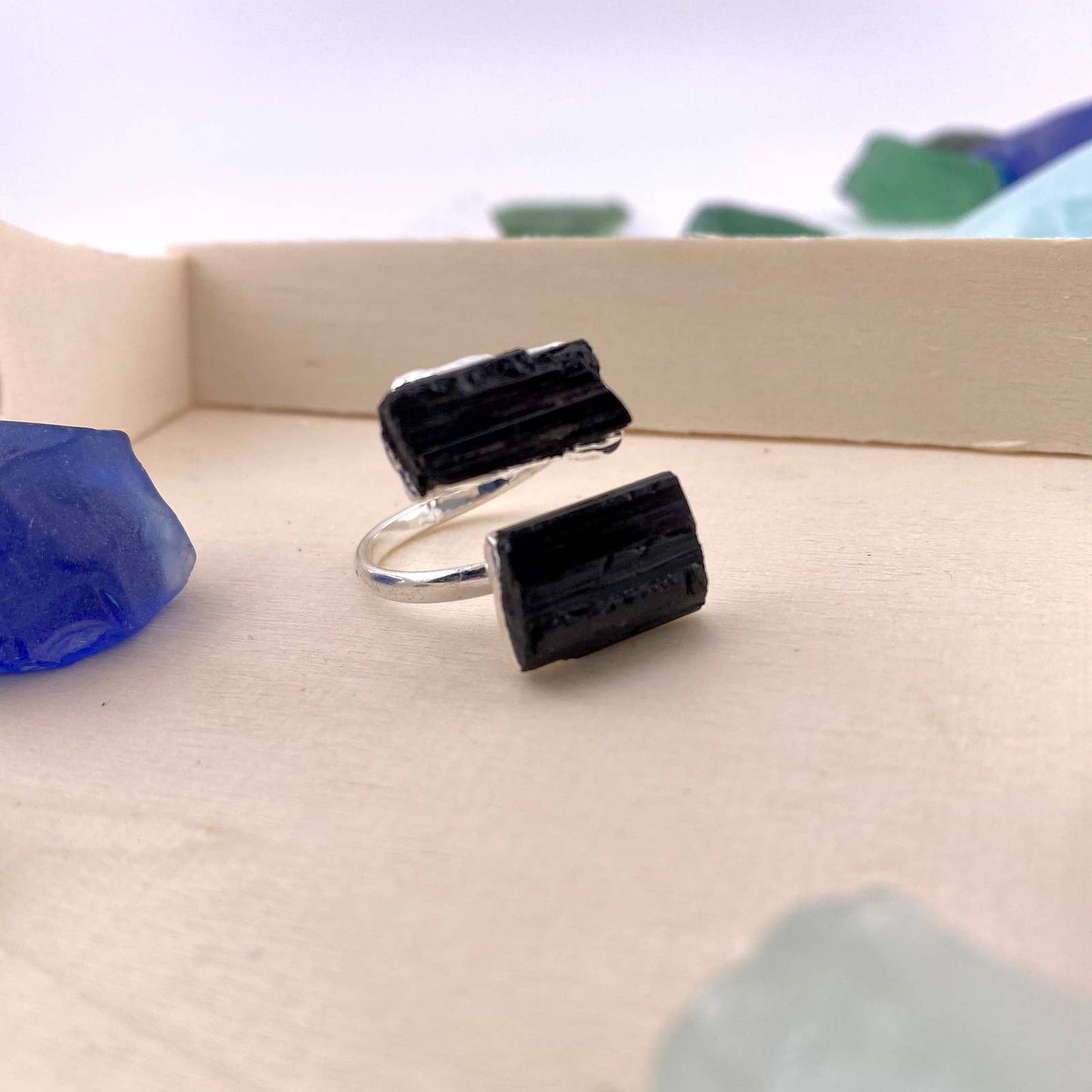 Duo Black Tourmaline Silver Adjustable Ring