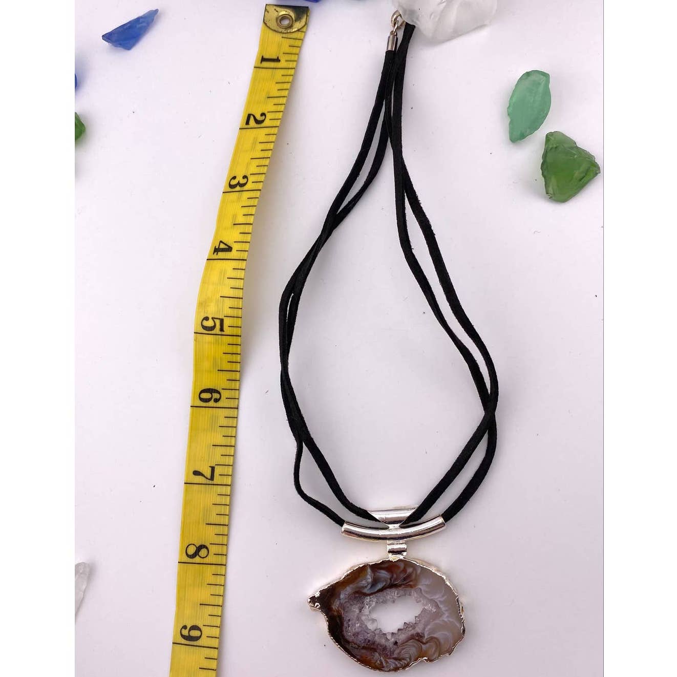Natural Agate Geode Pendant with Raw Leather Chain