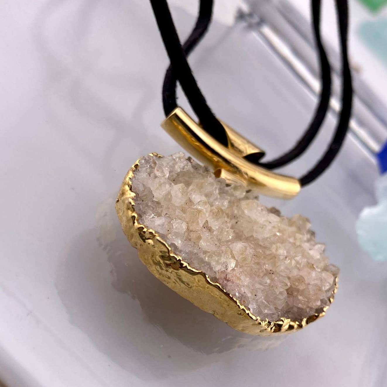 Crystal Druse Pendant + Raw Leather Chain