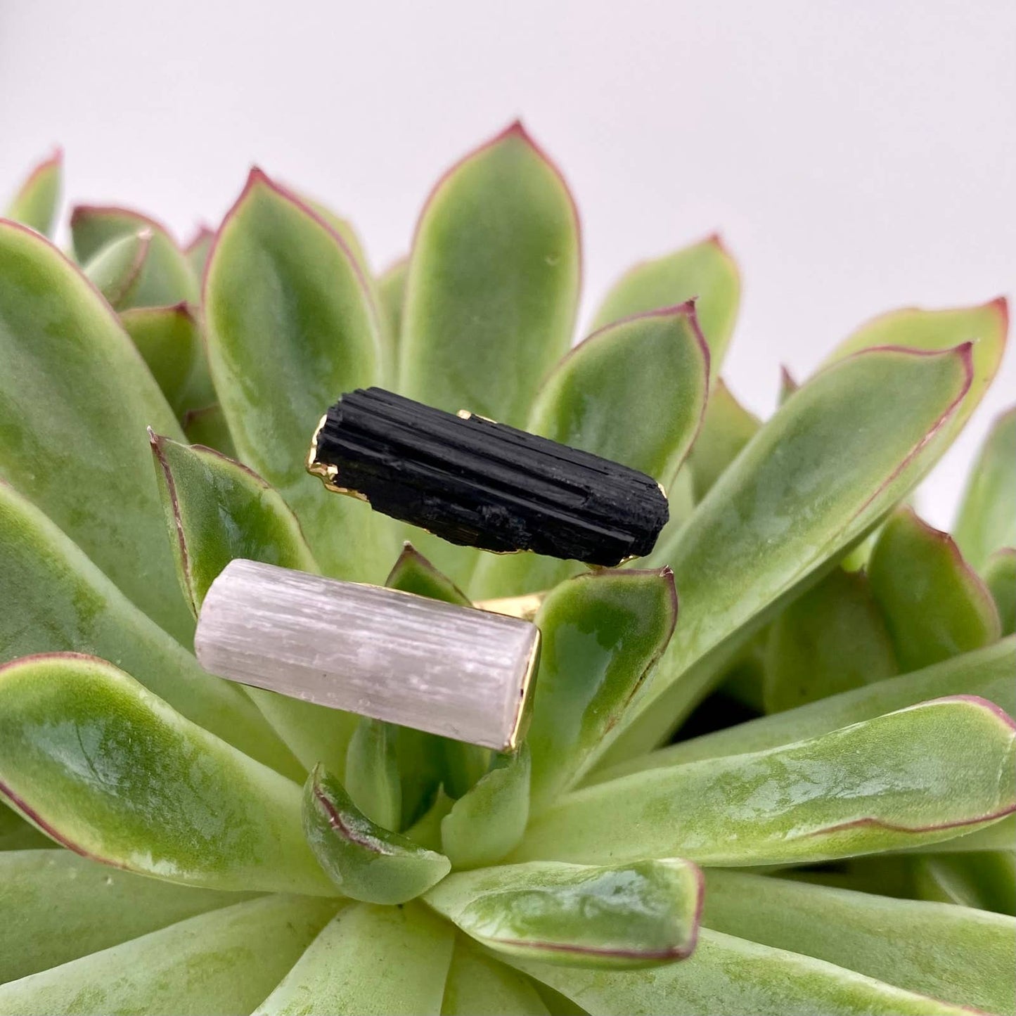 Duo Black Tourmaline and Selenite Adjustable Ring