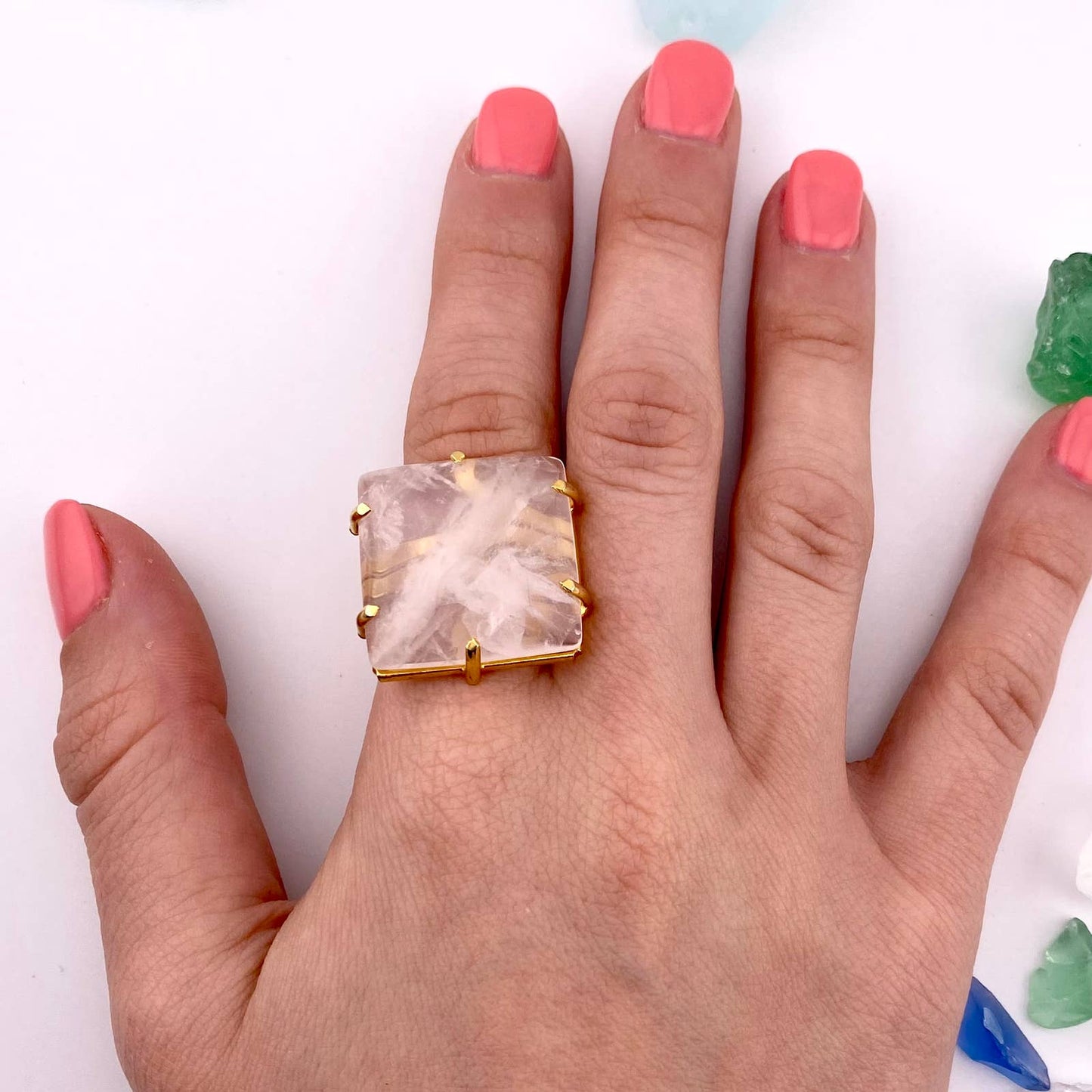 Clear Crystal Quartz Square Adjustable Ring