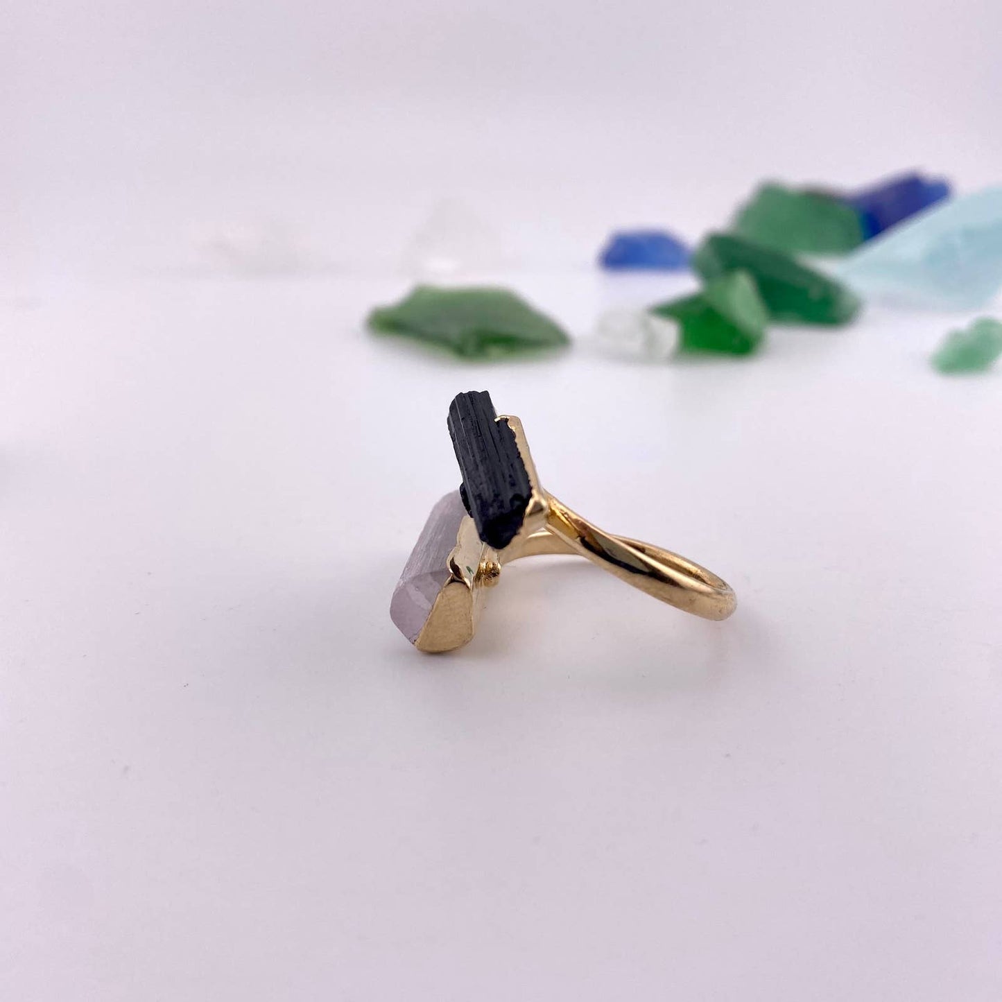 Duo Black Tourmaline and Selenite Adjustable Ring