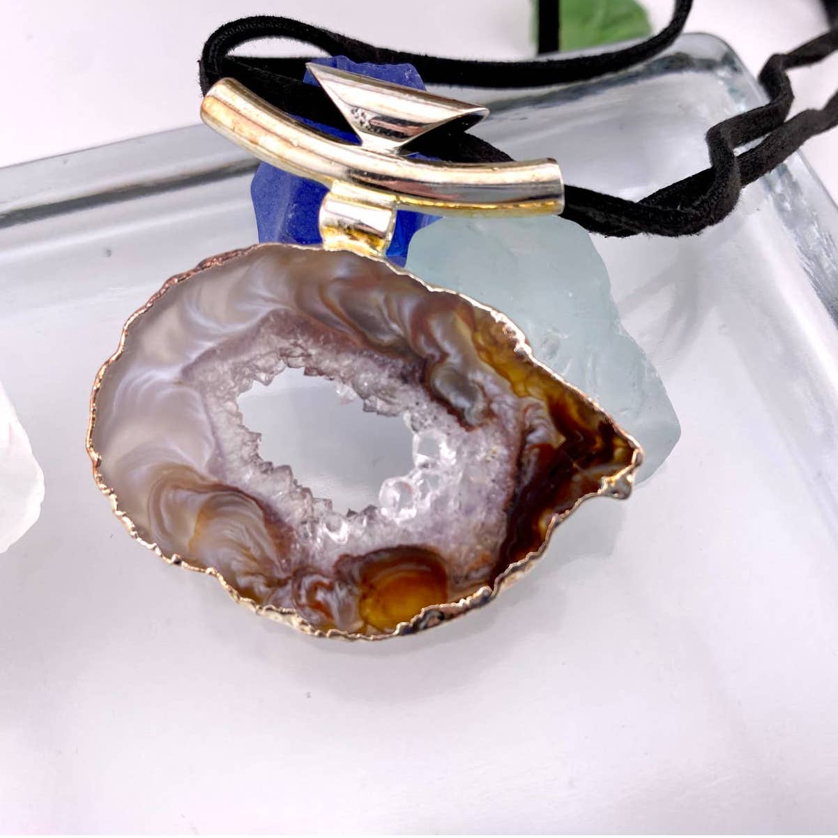 Natural Agate Geode Pendant with Raw Leather Chain