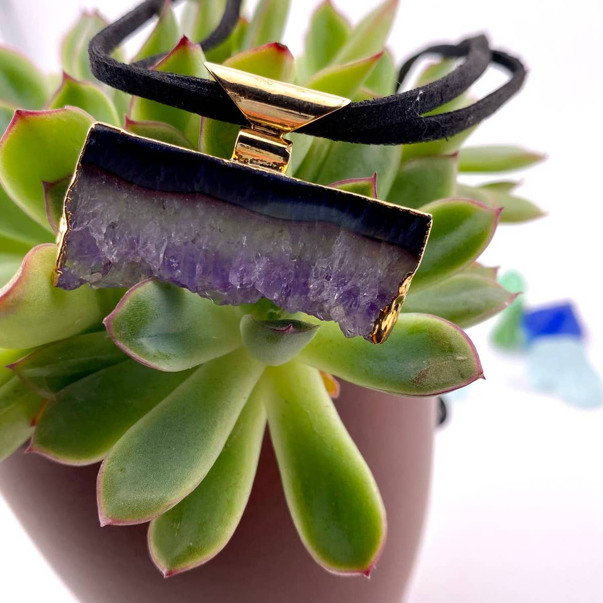 Amethyst Druse Pendant and Raw Leather Chain Necklace
