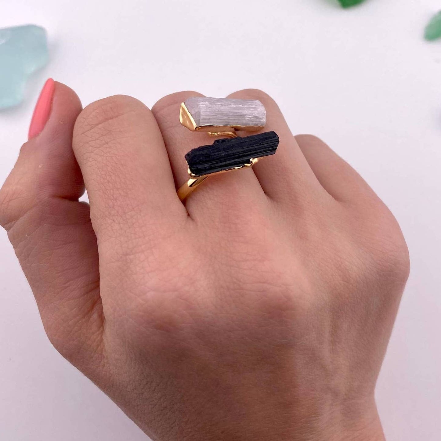 Duo Black Tourmaline and Selenite Adjustable Ring