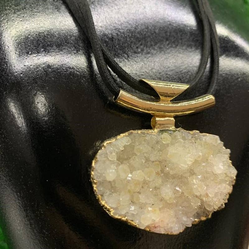 Crystal Druse Pendant + Raw Leather Chain