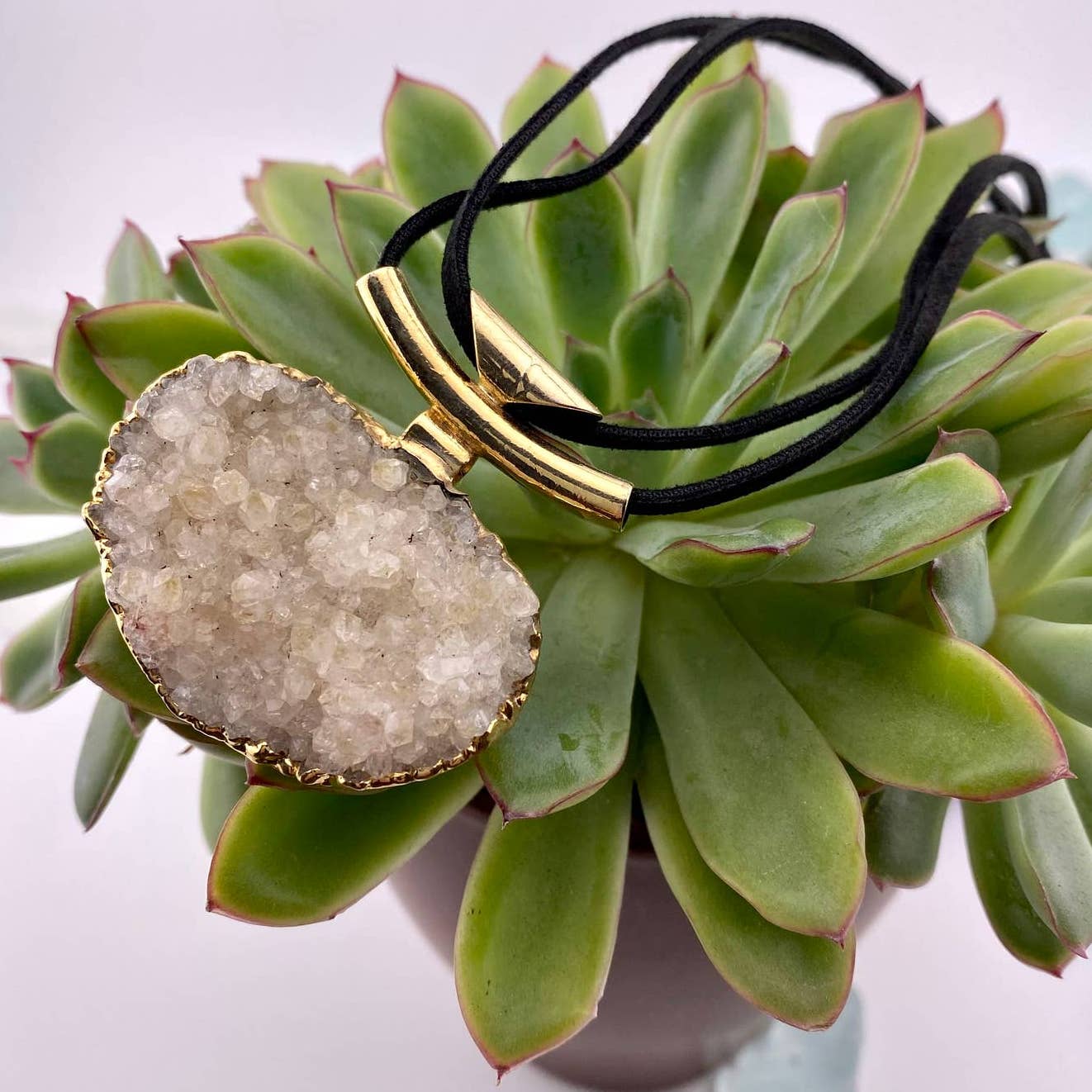 Crystal Druse Pendant + Raw Leather Chain