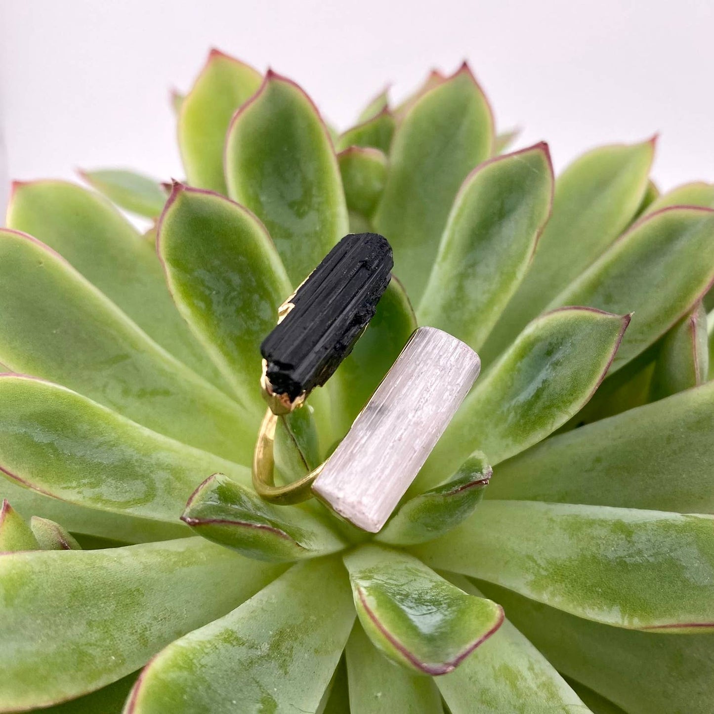Duo Black Tourmaline and Selenite Adjustable Ring